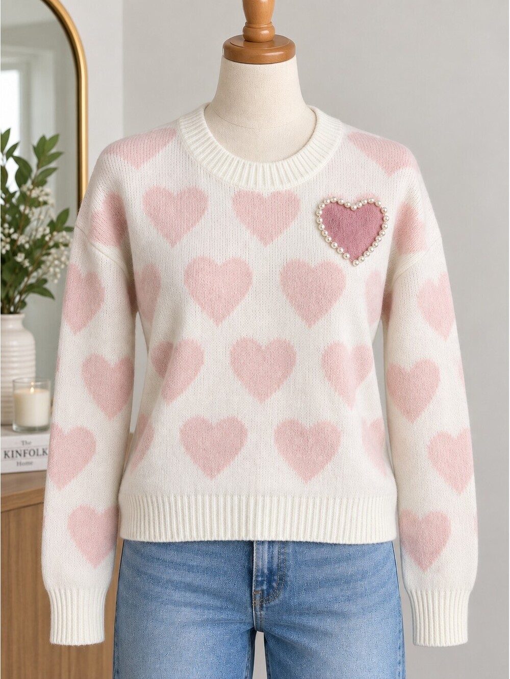 Vince Camuto Women's Cream and Pink Heart Pattern Sweater with Pearl Detail XS